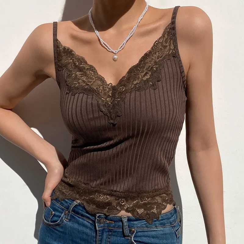 Goth Aesthetic Lace Patchwork Tank Tops For Women Sexy V-Neck Brown Retro Crop Tops Summer y2k Fashion Casual CamisoleXJ250212