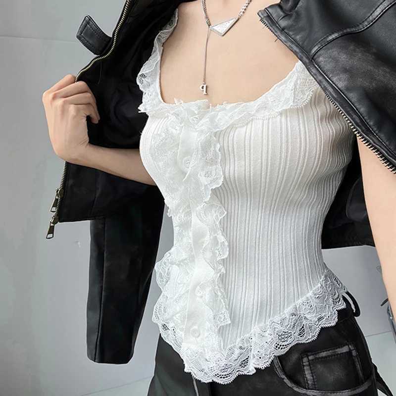 Sexy All-match Simple Lace Stitching Chic Tank Tops For Women Girls Fashion Sweet Casual Slim Fit Short Sveless Tank TopsXJ250212
