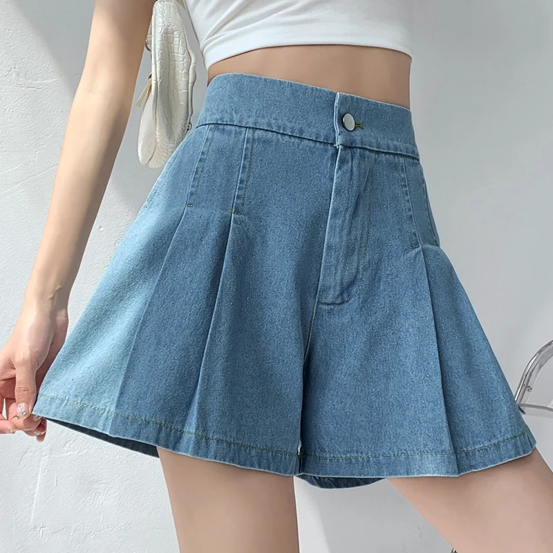 DFRCAEG Summer Plus Size Denim Shorts For Women High Elastic Waist Blue Or Sky Blue Pleated Mini Large Size Short Femme 250212