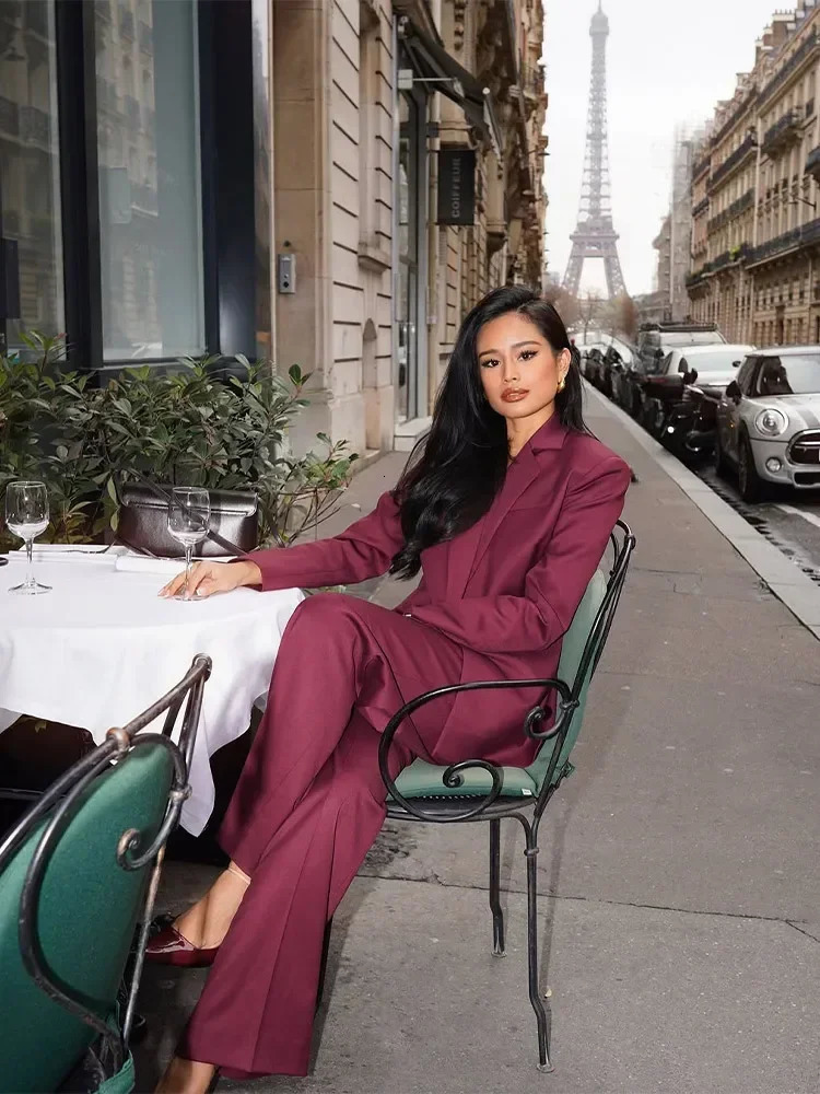 Fashion Women Wine Red Lapel Suits Jacket Long Pants Casual Loose 2 Pieces Sets Spring Chic Lady Office Commute Streetwear 250207