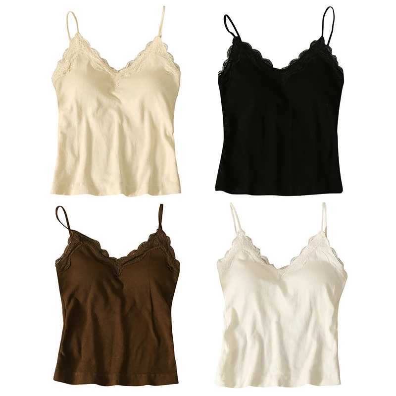 Women Sveless Tank Tops Solid Color Korean Version V Neck Slim Fashion Lace Stitching With Chest Pad CamisoleXJ250212
