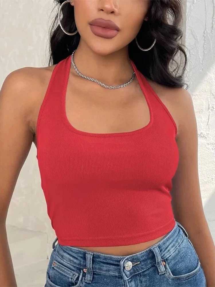 Womens Sveless Vest Ribbed Knit Top Halter Neck Summer Basic Red Casual Sports Vest Off Shoulder Ladies Vest Casual SexyXJ250212