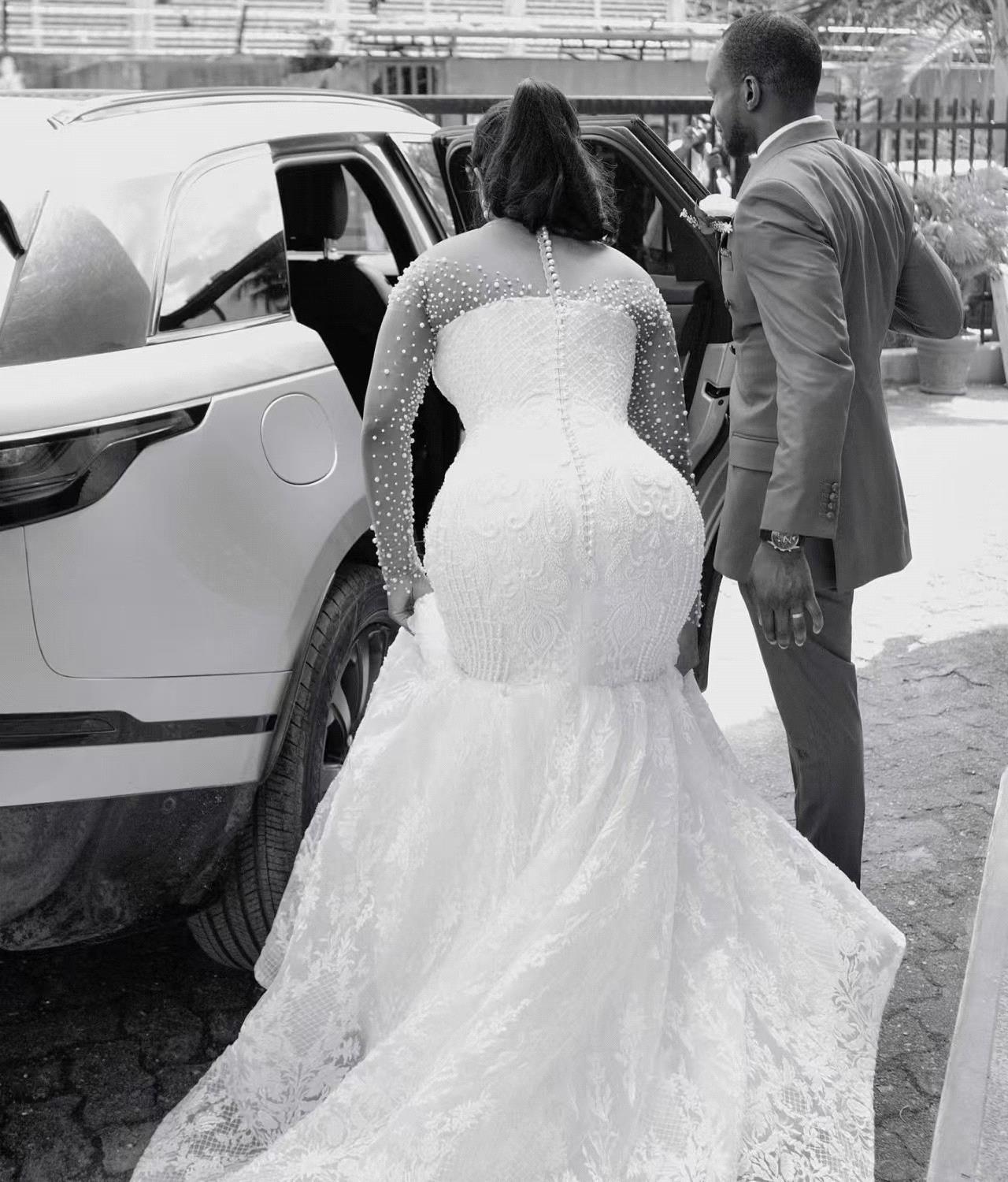 African Aso Ebi 2025 Off White Mermaid Wedding Dress Sheer Neck Full Sleeves Beaded Pearls Vintage Elegant Bridal Gowns Dresses BC20203 0212