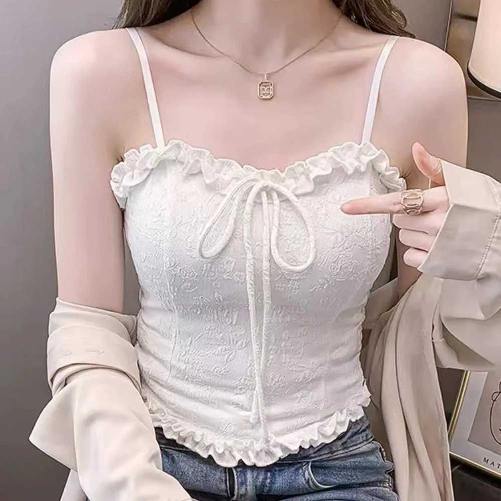 Girl Ruched Trim Crop Top Aesthetic White Black Bowknot Sling Vest Women Summer Backless Camisole Bow Tank Top Short Straps VestXJ250212