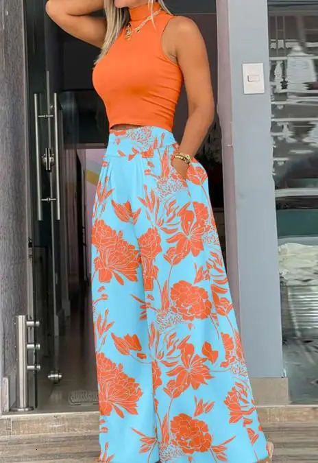 Two Piece Set Women Outfit 2023 Summer Temperament Sleeveless Top Printed Fashion High Waist Wide Leg Pants Streetwear 250211Z