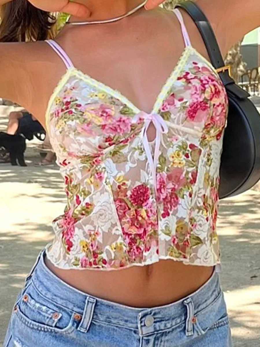 Women Spaghetti Strap Camisoles Floral Print V-Neck Tie-Up Front Sveless Sling Tank Tops Slim Fit Vests Crop Tops Y2k SummerXJ250212