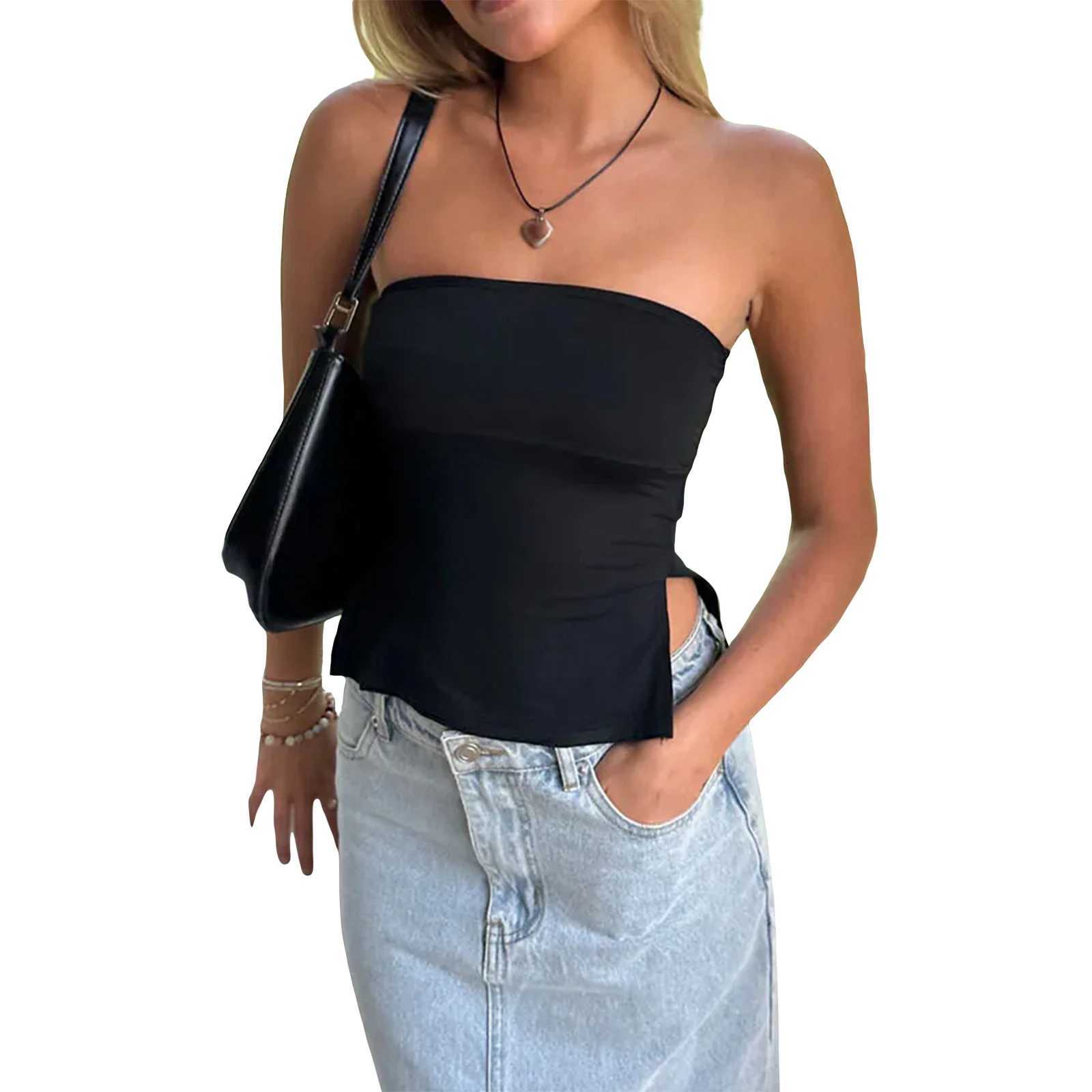 Women Tube Tops Solid Color Slit Strapless Tank Tops Summer Backless Bandeau Sveless Vest Tops StreetwearXJ250212