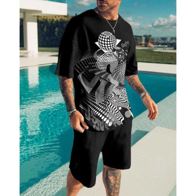Mens Summer T-shirt Set 3D Printed Plant Tree Pattern Round Neck Beach Shorts Fashionable Men W250212