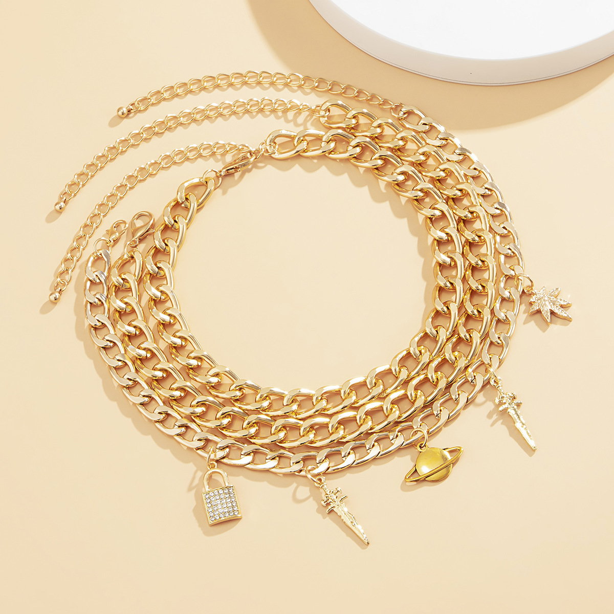 New fashion necklace lock alloy multi-layer set exaggerated street style designer sword pendant accessories for women