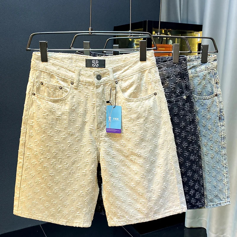 American Scratched Trendy Denim Shorts Mens Fashion Loose Straight Leg Casual Split Mid Pants Summer Thin Style 250211