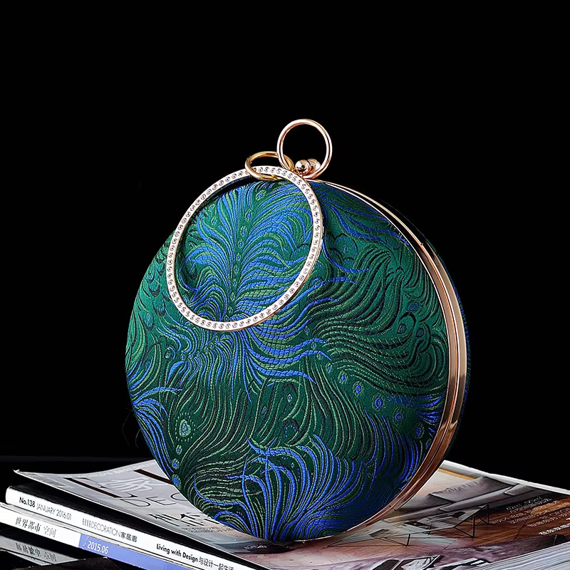 Retro Blue Green Pea Feather Embroidery Round Clutches Evening Bags Fashion Small Handbag For Women Chain Shoulder Bag Purse