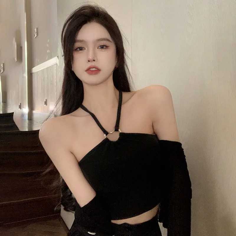 Y2K Slim Sexy Exposed Navel Crop Top Korean Women Tank Tops Solid Color Halter Sweet CamisoleXJ250212