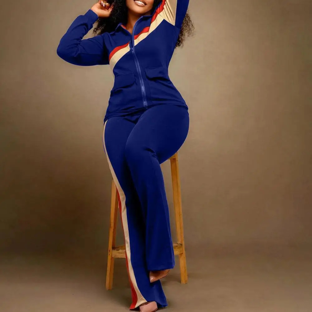 Casual Twopiece Set Women Sports Suit Stylish Womens Striped Coat Pants Lapel Jacket Elastic Waist Soft Warm Fall 250211Z