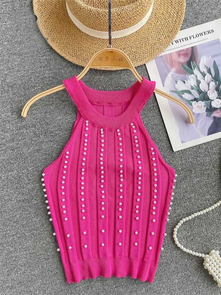 Zik Hekiy Pearls Women Tops Strapless Backless Slim Fit Senior 2024 Korean Style Fashion Streetwear Mini Knitted TankXJ250212