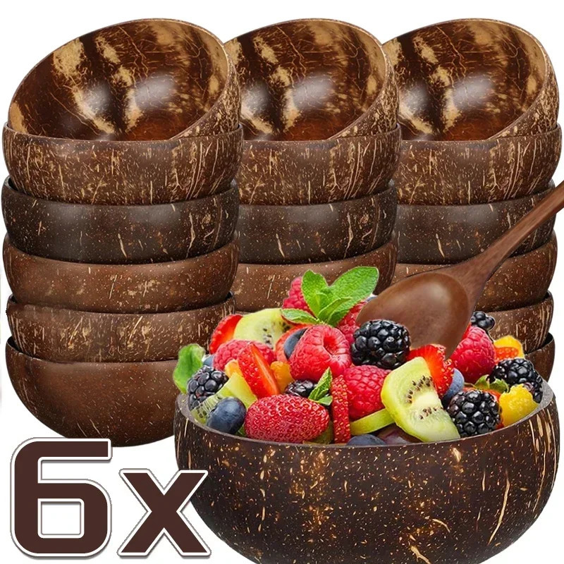 Wholesale Natural Coconut Bowls For Serving Dishes Salad Oatmeal Yogurt Reusable Wooden Coconut Shell Bowl Kitchen Tableware Set 250206