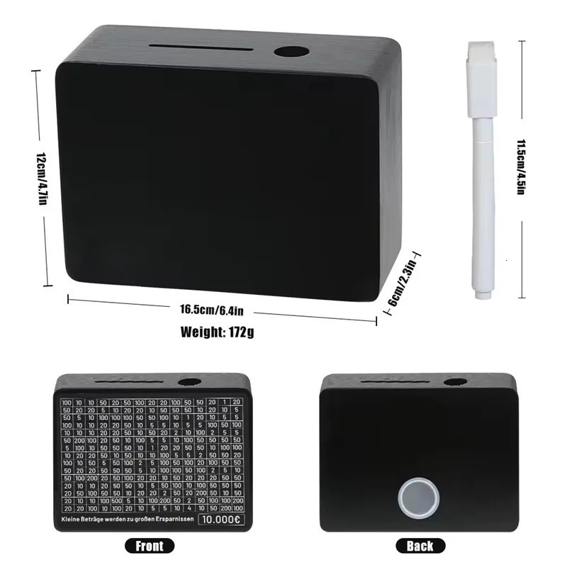 Black Wooden Piggy Bank with Counter Save Money Box Coin Bank with Paper Saving Goals and Numbers for Saving Euros 250211