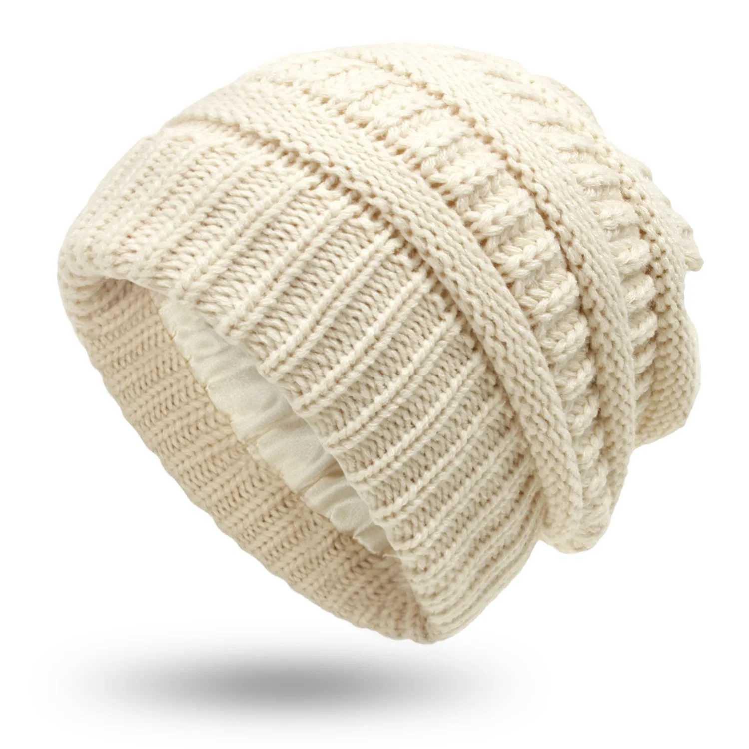 2022 Fashion New 9 Wens Winter Warm Knitted Hat Satin Silk Li Cable Knit Beanie Chunky Slouchy Skl Cap X250212