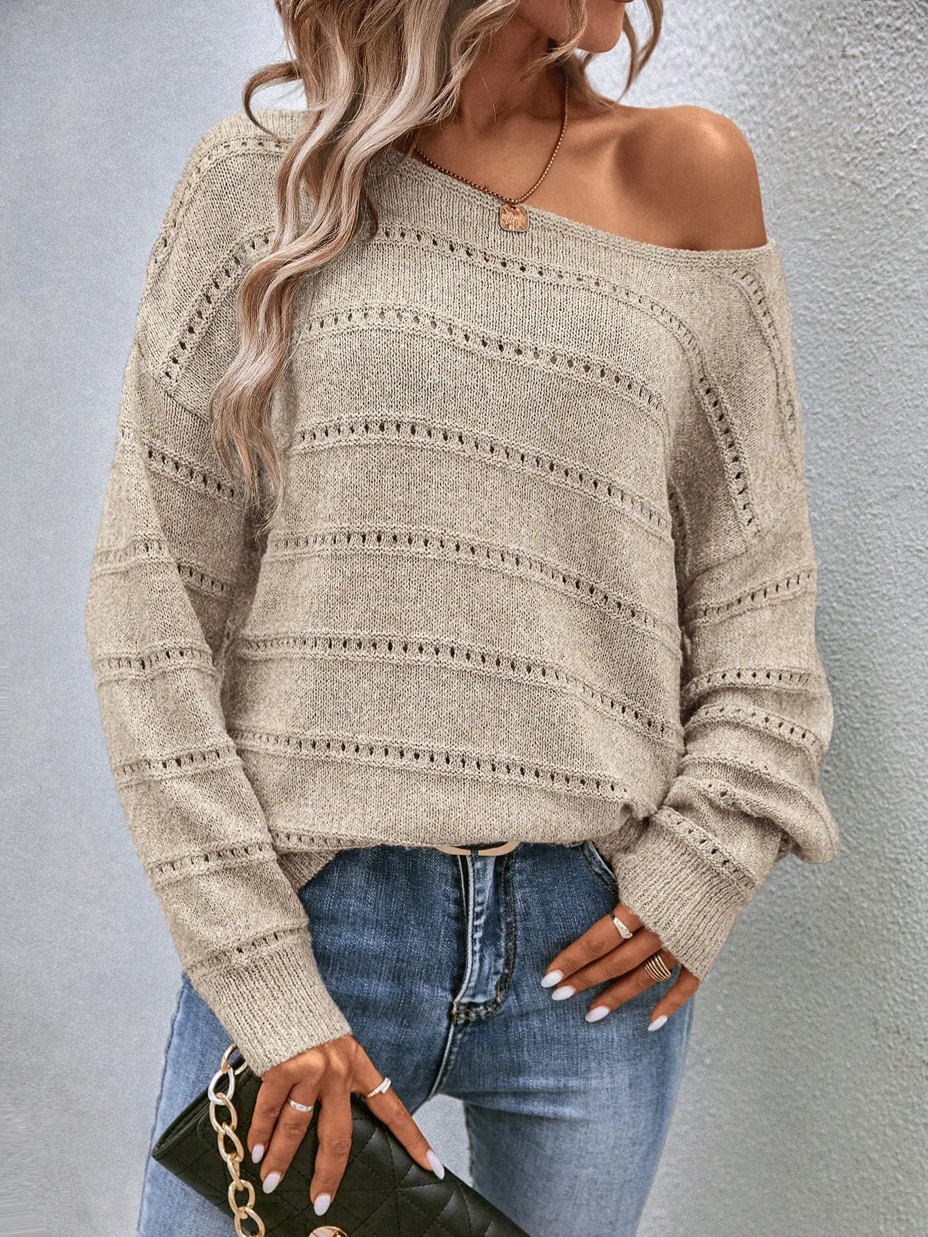 Elegant Casual Knitted Pullover for Women One Line Neck Off Shoulder Hollow Out Twist Sweater Autumn and Winter Wear 250210
