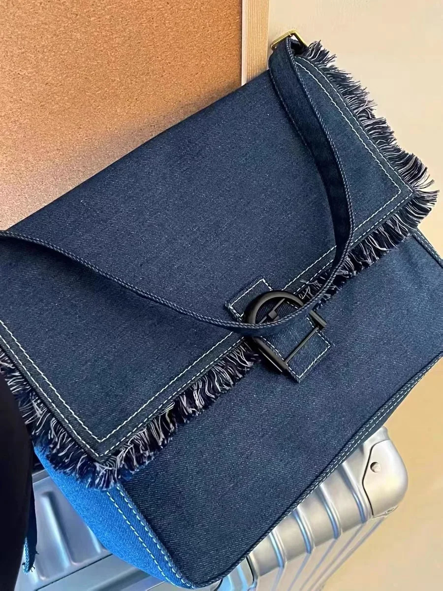 Women Men Denim Handbag Campus High Capacity Multiple Pockets Blue Shoulder Messenger Crossbody Bags Laptop Jean Purse 250207