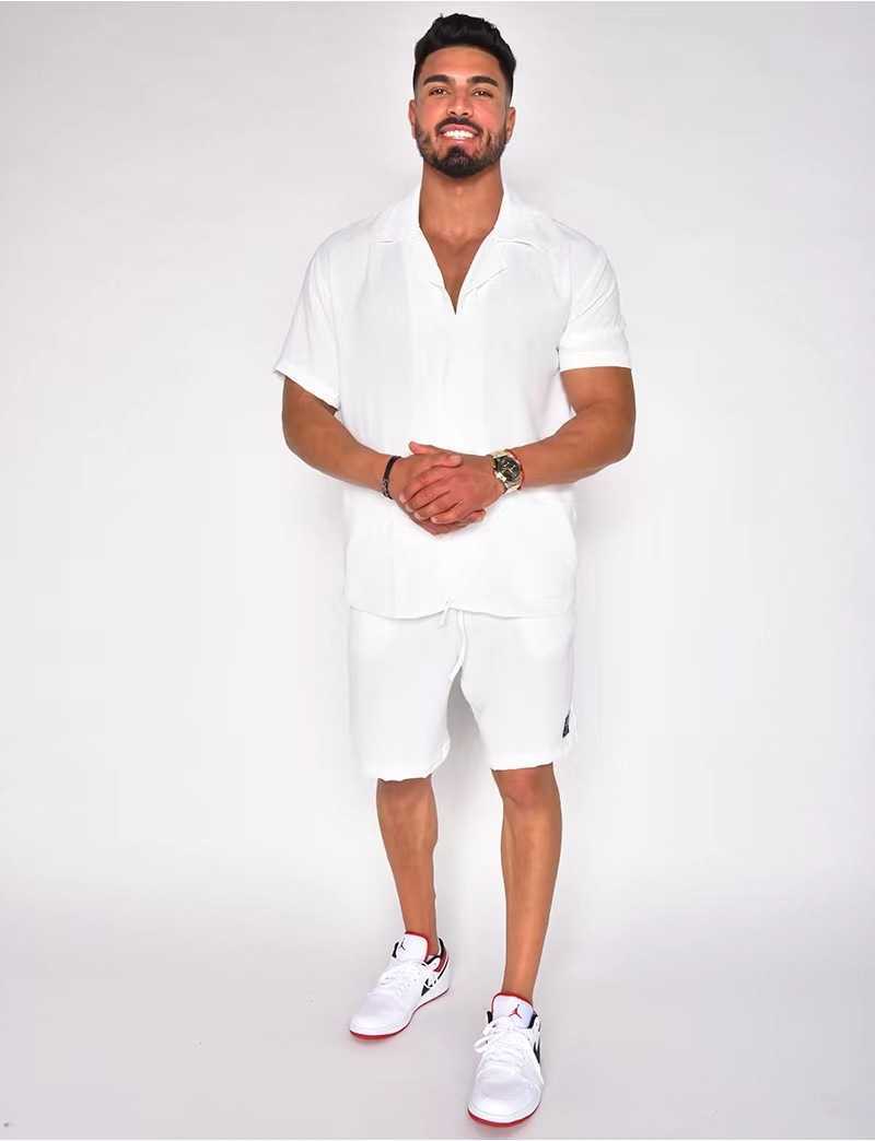 2023 Hawaiian Mens Summer Polo Collar Cotton Linen Solid Short Sleeve Shorts Set W250212