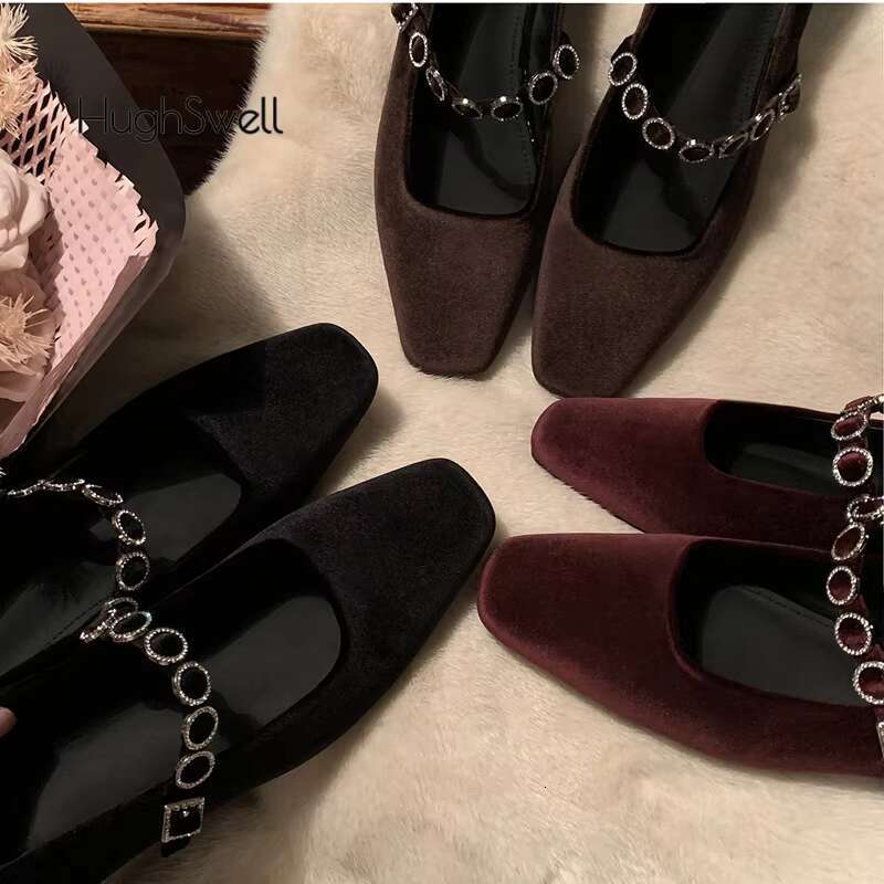 Rhie Buckle Veet Mary Janes Woman Elegant Square Toe Velour Ballet Flat Ladies Brand Design Crystal Evening Shoes