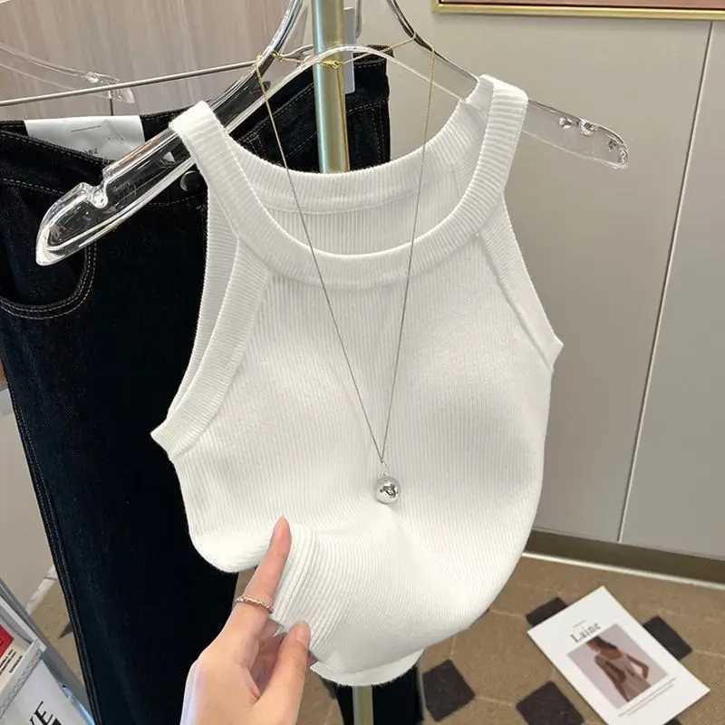 Y2k Knitted U-Neck Suspender Vest Womens Ice Silk Inner Wear Spicy Girl Camis Halter Retro Sveless Tank Crop TopXJ250212