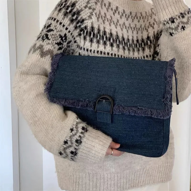 Women Men Denim Handbag Campus High Capacity Multiple Pockets Blue Shoulder Messenger Crossbody Bags Laptop Jean Purse 250207