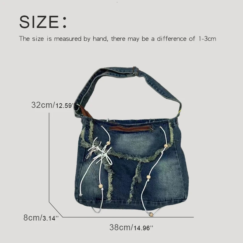 Japan Style Messenger Bags For Women Handbags And Purse In Denim Wooden Beads Stitching Tassel Shoulder 250207