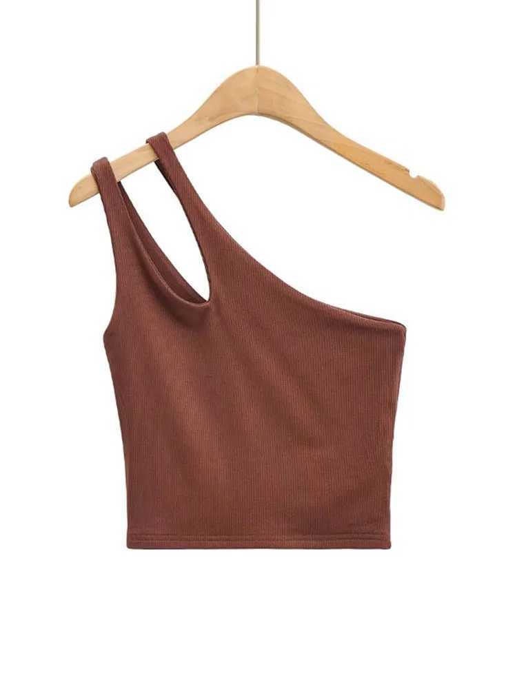 2024 Sexy Womens Crop Top Solid Stretch Fit Knit Sveless One Shoulder Hollow Out Basic Backless Tank TopXJ250212
