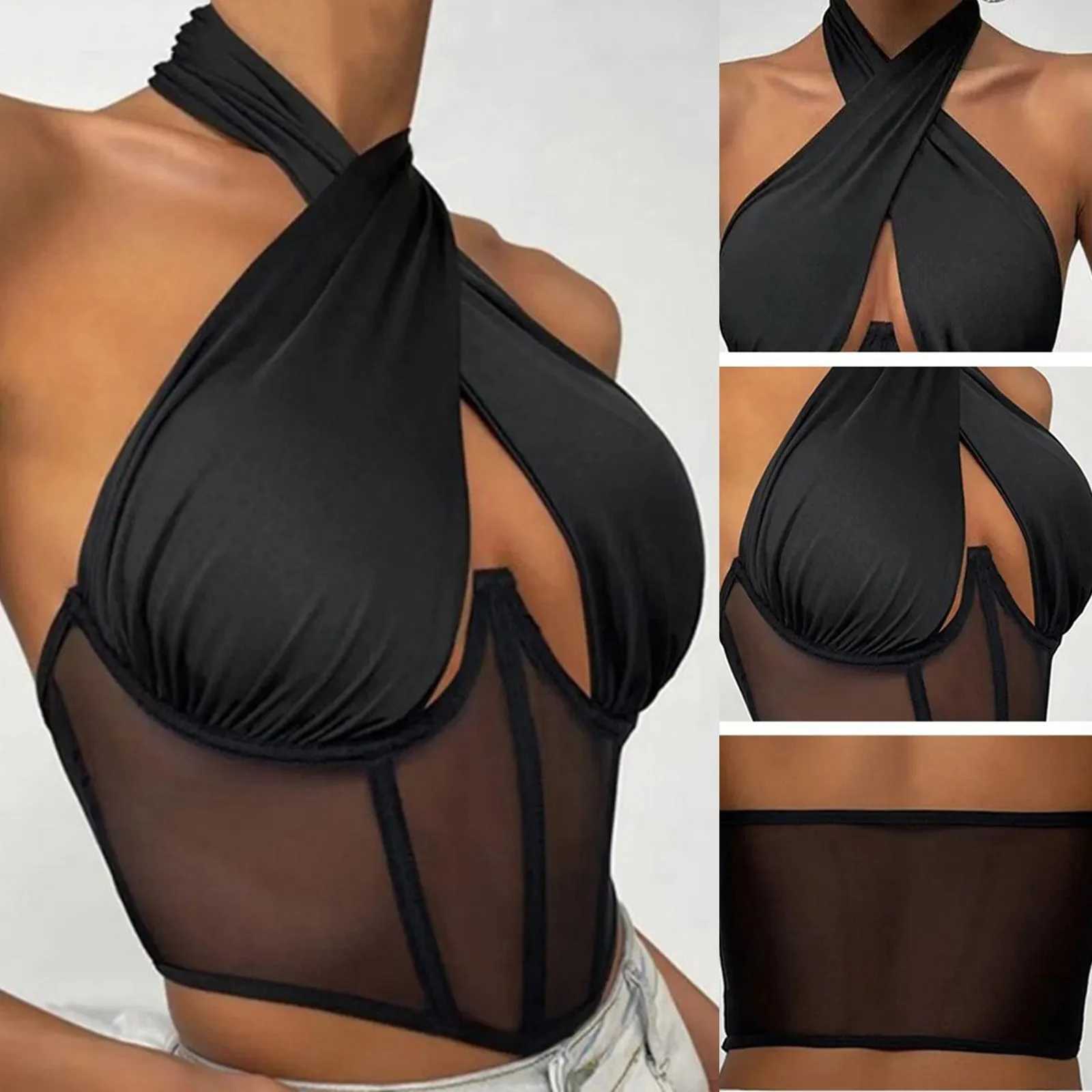 Sexy Cotton Stretch Tops For Women Cross Halter Sveless Blouses Fashion Sveless Hollow Out Top Irregular Neckline Tank TopXJ250212