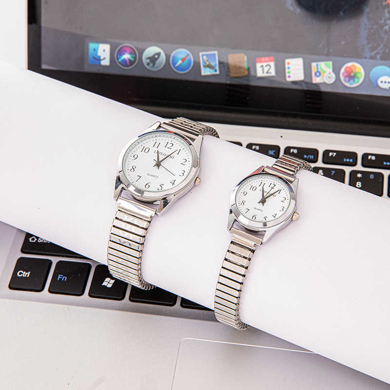 Middle aged and elderly watches mens large digital dial womens watch steel band spring elastic band elderly watch waterproof quartz watch for daily li