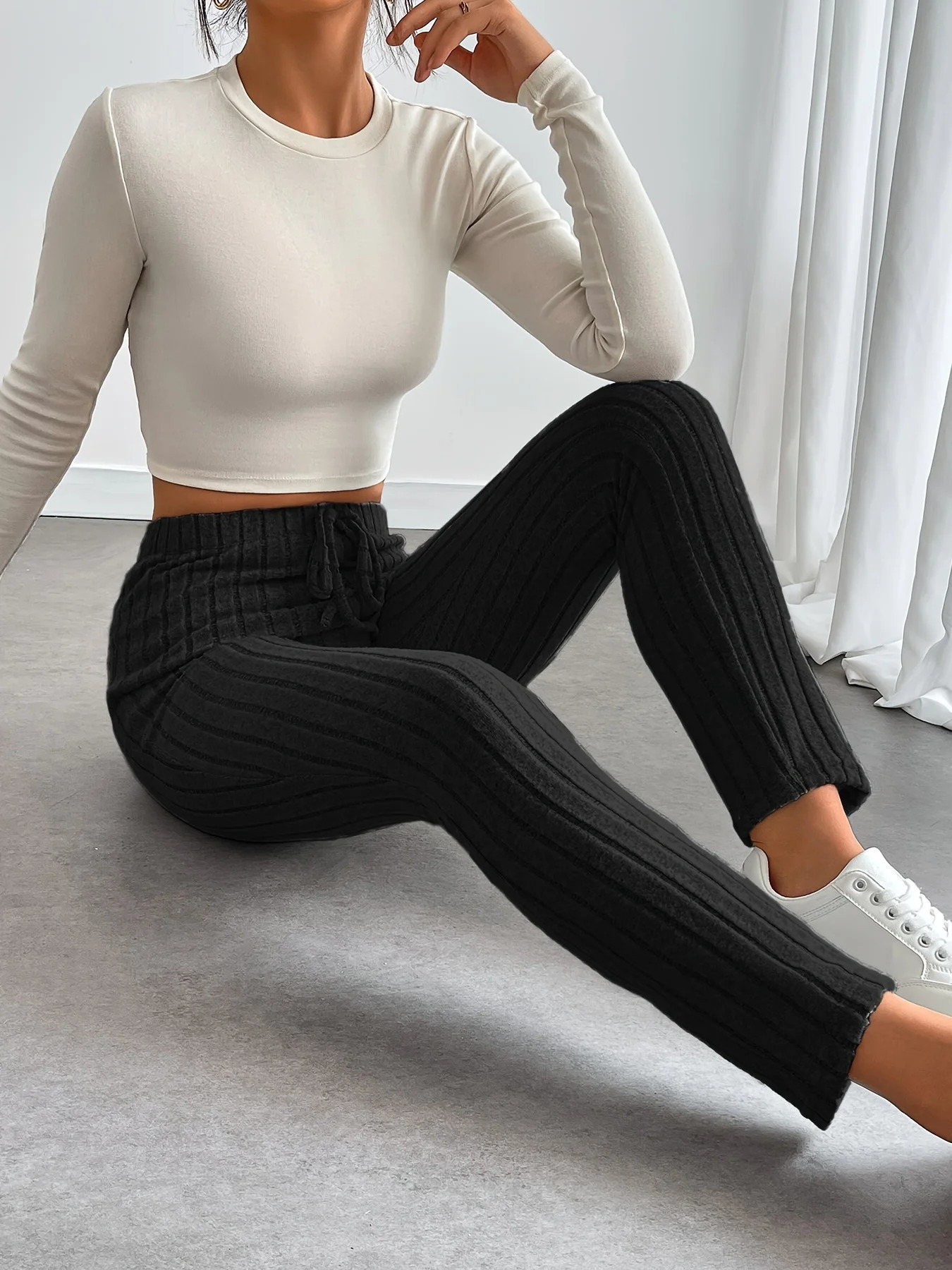 Womens tailored pants with drawstring n soft and comfortable knitted fabric versatile 250211Z