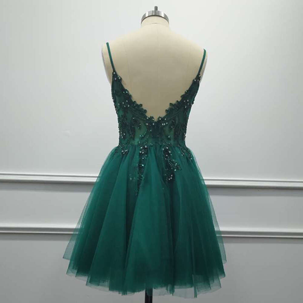 Spaghetti Straps Tulle Beaded Homecoming Dresses Lace Sequin Dark Green Crystal Party Prom tail Graduation Vestido De Gala