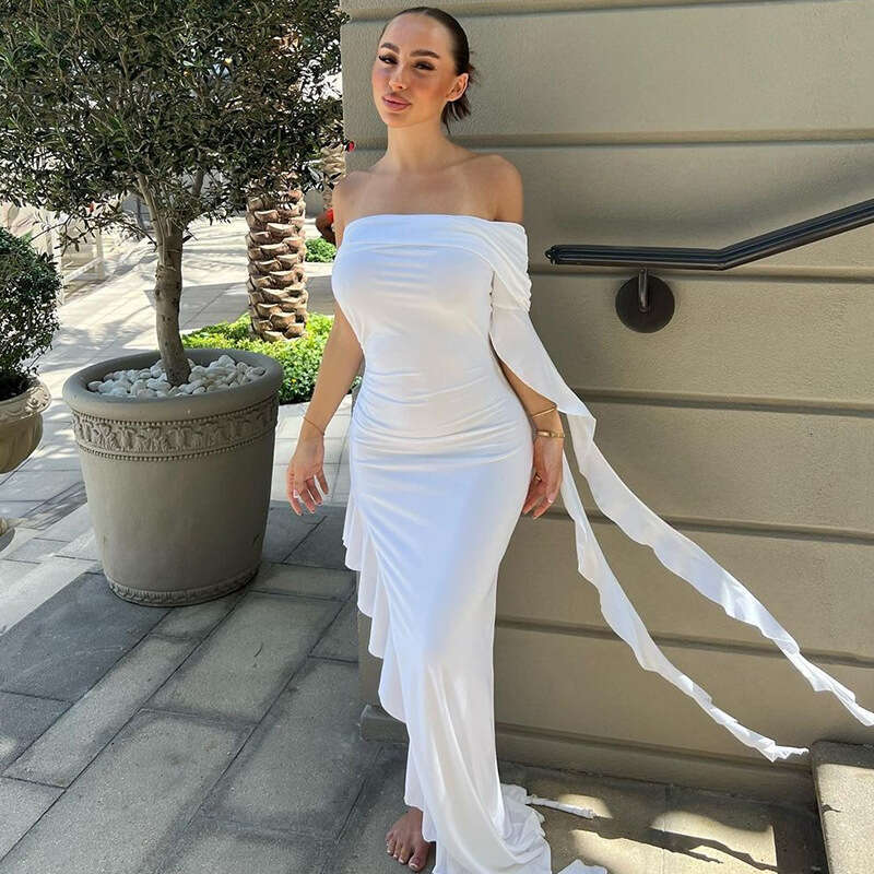 European and American women's summer product fashion personality one shoulder pleated solid color slim fit dress wholesale 2025 temperament versa