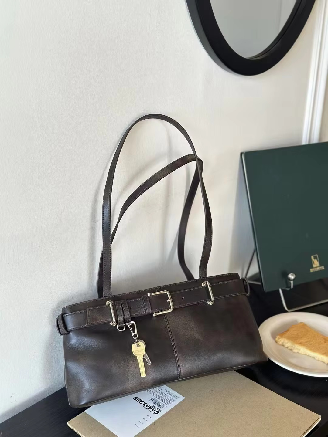 FIRMRANCH Retro Motorcycle Style Belt Buckle Design Large Capacity Women's Single Shoulder Underarm Bag Tote Cowhide Leather