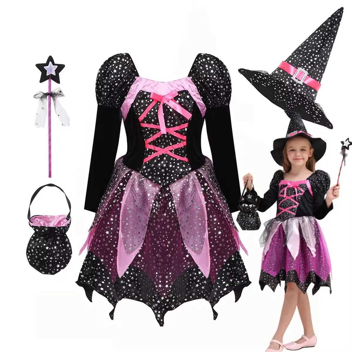 Kids Halloween Apparel Horror Dress Witch Costume with Hat Wand Girl Carnival Black Magic Villain Wizard Vampire Cosplay GownXJ250117