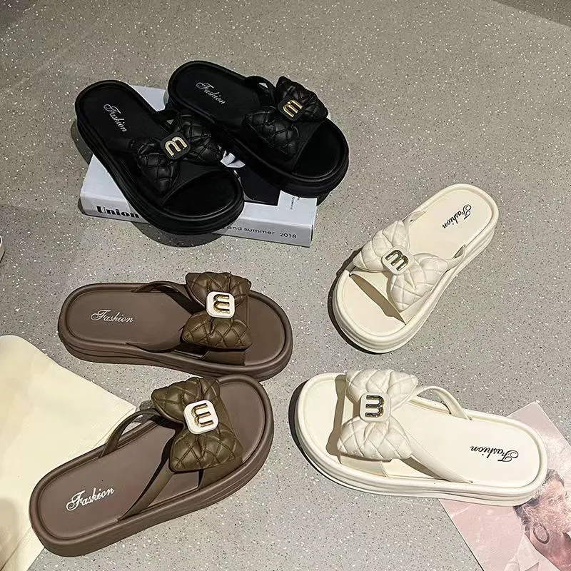 Women summer new open toe thick bottom outdoor flip butterfly bow beach white casual slippers zhanyishengli