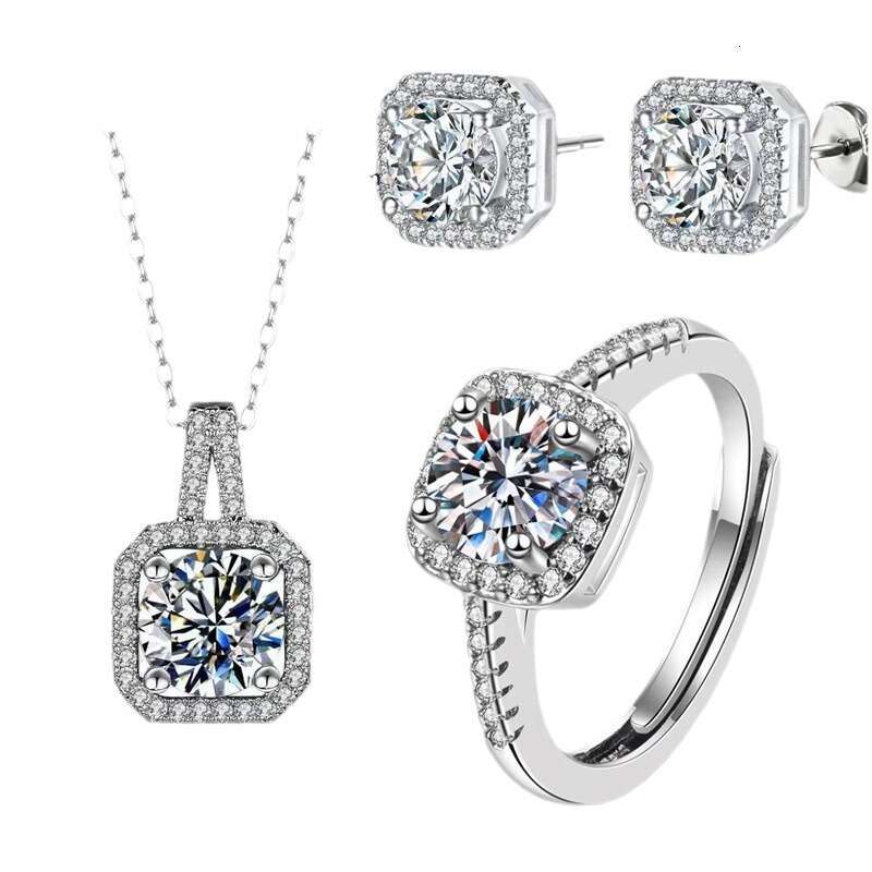 Live broadcast jewelry set of three pieces, princess square bag, ring necklace, earrings, zircon set, fashionable and elegant collarbone chain