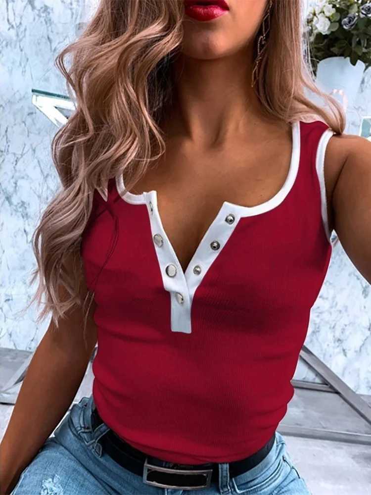 Vintage Vest Women Button Solid Color Patchwork Sveless Tops Summer Casual Slim T-ShirtXJ250212