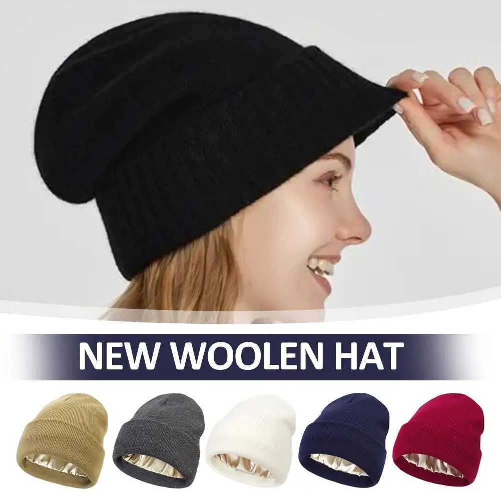 Cashmere Knitted Beanie Hat Winter Silk Satin Li Solid High Men Chunky Hats Warm Quality Beanie Cap Unisex Men Soft Th I7X2 X250212
