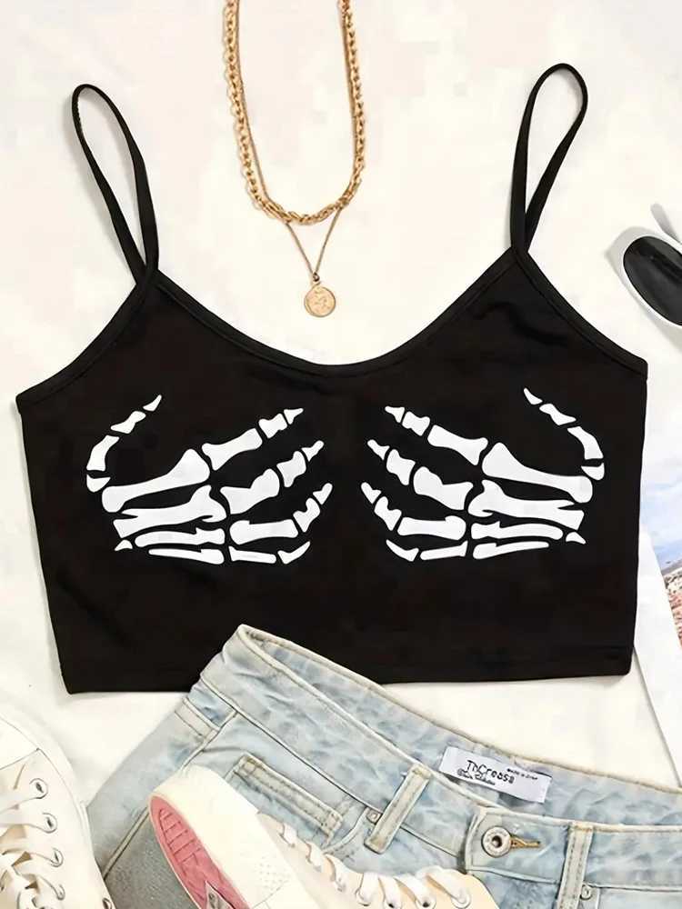 Gothic Skeleton Print Crop Top Summer Womens Sexy Elastic Camis Fe Strap Top Backless Vest Halloween Black TopXJ250212