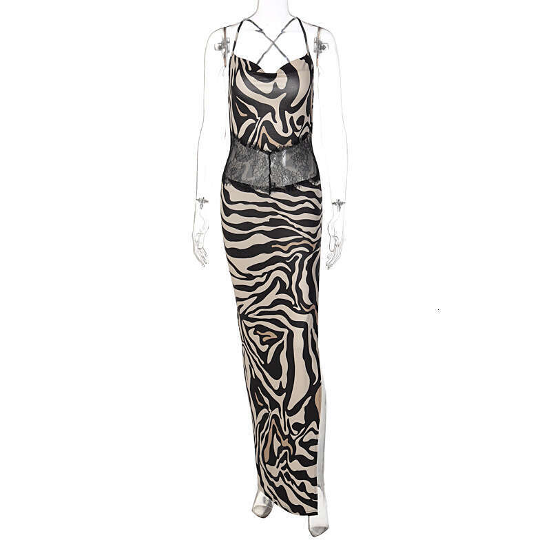 European and American style women's summer print splicing backless suspender slit dress wholesale 2025 new casual versatile fashion clothing