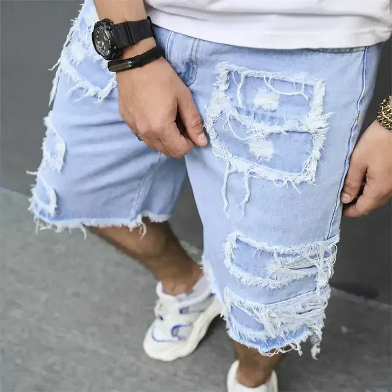 Denim Hole Knee Length Men Washed Jean Mid Waist Spliced Ripped Pockets Loose Fit Distressed Straight Pants 2025 Casual Shorts 250211