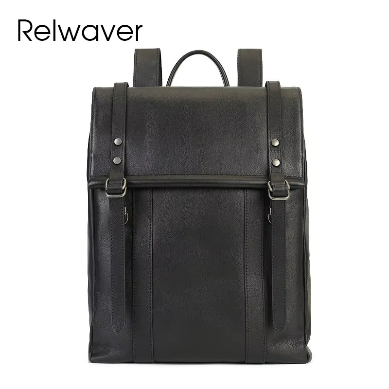Relwaver Men Women Genuine Leather 2025 Spring Big Capacity Travel Black Cover Business Backpack