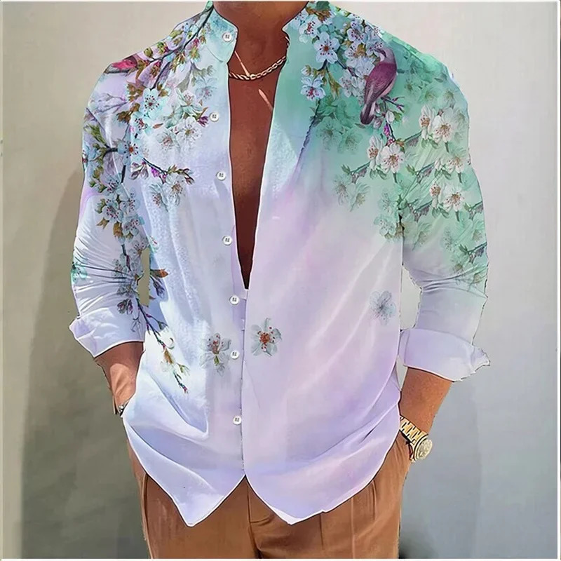 Mens shirt printed stand collar outdoor street long sleeve printed clothing Fashion casual comfortable top 250211