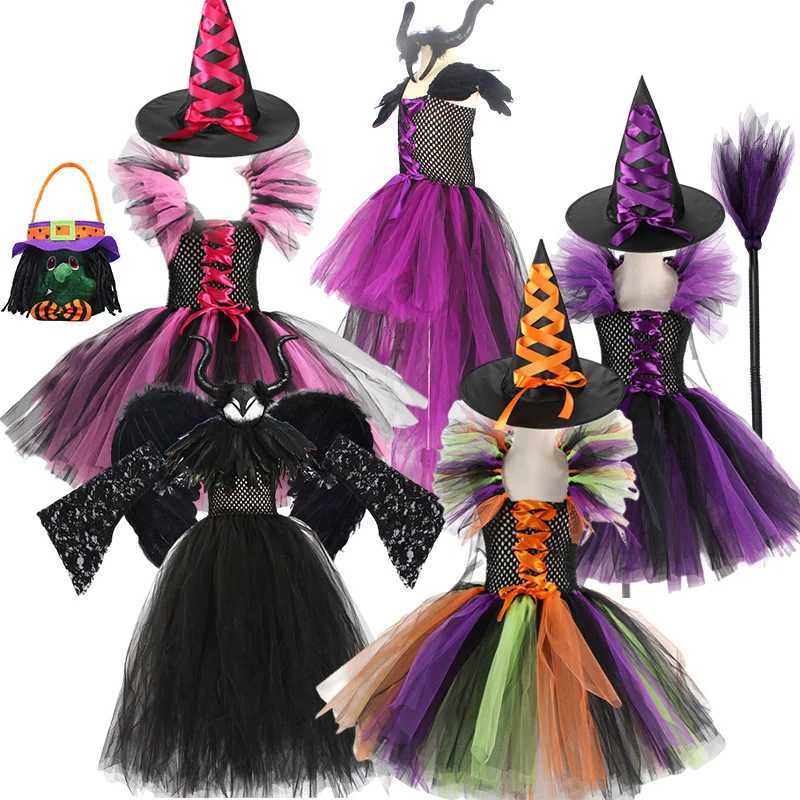 Purple Witch Costume Girls Mesh Trailing Dress Maleficent Deluxe Girls Fancy Halloween Par Kids Cosplay Clothes 2-12YrsXJ250117