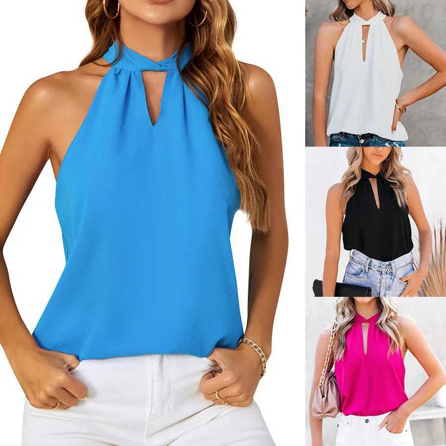 Women Summer Top 2024 New Neck Tied Chiffon Vest Sveless Top Fe Retro Casual Solid Sveless Tops Womens ClothingXJ250212