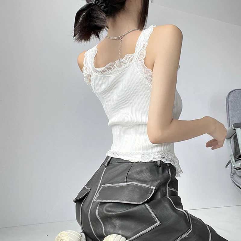 Sexy All-match Simple Lace Stitching Chic Tank Tops For Women Girls Fashion Sweet Casual Slim Fit Short Sveless Tank TopsXJ250212