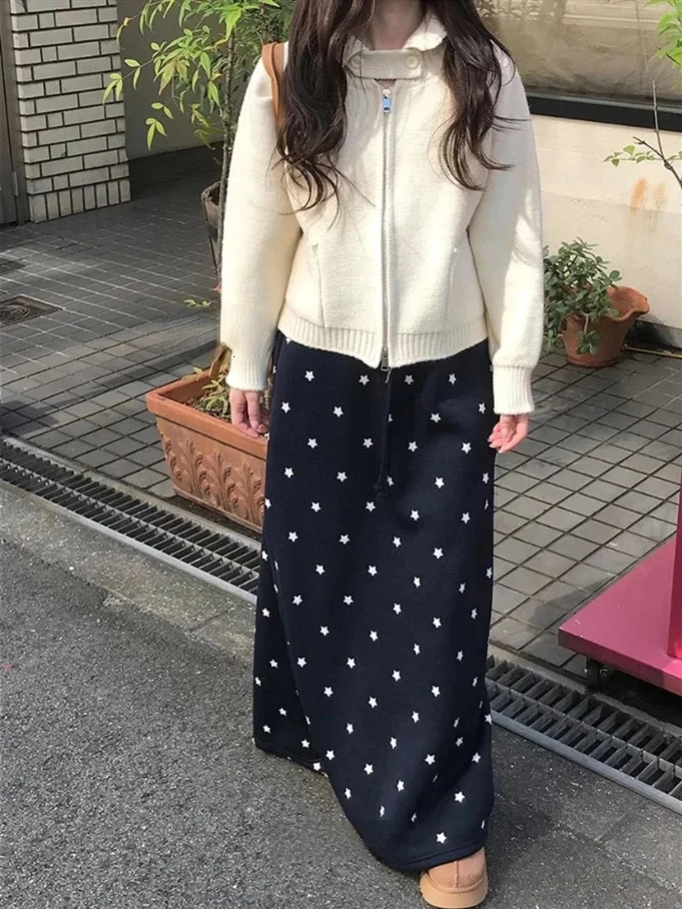 2025 Faldas Mujer De Moda Fashion Thicked Skirt Korean Long Skirts Women Elastic Waistband Bandage Jupe Star Print Casual Saia 250122