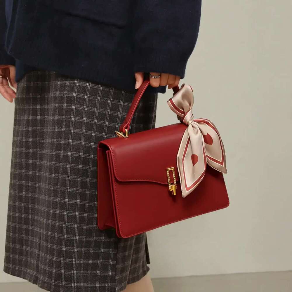 TOUTOU Cowhide Women Handbag Vintage Original Wedding Large Capacity Red Bridal Shoulder Crossbody Bag Christmas Gift